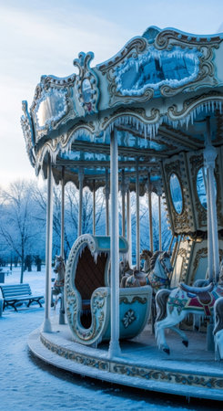 Frozen carousel ride with icicles and snow-covered ground in a winter park. Cold weather and ice formation on amusement park attraction.の素材