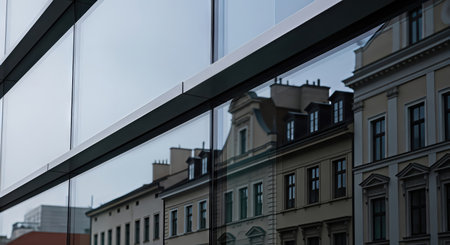 Modern glass building with reflection of old traditional architecture. Showing urban development and gentrification concept.の素材