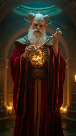 Mystical man with horns, beard, and glowing mechanical heart holding a bone, portraying Krampus or dark Santa concept for Halloween or horror theme.の素材
