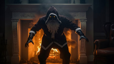 Evil santa claus with glowing eyes emerging from a fireplace, spooky christmas character for horror concept and halloween party.の素材