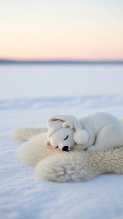 Knitted polar bear toy in a sleeping cap laying on a fluffy carpet on snowy ground. Winter holiday decor and Christmas gift idea for kid.の素材