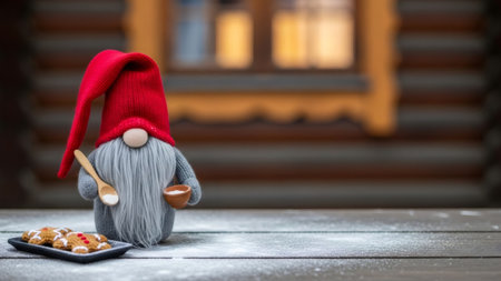Knitted Christmas gnome with red hat holding spoon and bowl with flour near gingerbread cookies. Holiday baking and winter decoration concept.の素材