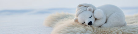 Cute white knitted teddy bear sleeping peacefully on a fluffy rug, a cozy Christmas gift idea. Festive child toy concept on a snowy background.の素材