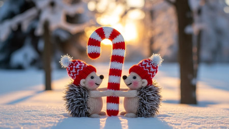 Two knitted hedgehog character in red hats holding a candy cane in snowy winter landscape. Christmas gift idea for kid, festive animation.の素材