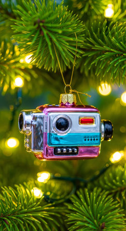 Retro video camera Christmas tree ornament hanging on a festive fir branch with sparkling lights. Nostalgic 90s holiday decoration design.の素材