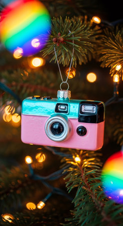 Pink and teal retro camera ornament hanging on a Christmas tree with fairy lights. Nostalgic holiday decoration with a vintage object from the 90s.の素材