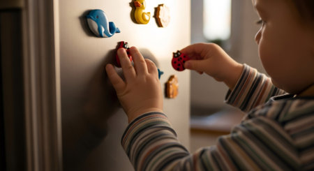 Little baby boy playing with colorful magnet toy on refrigerator. Kid learning activity and early childhood development concept.の素材