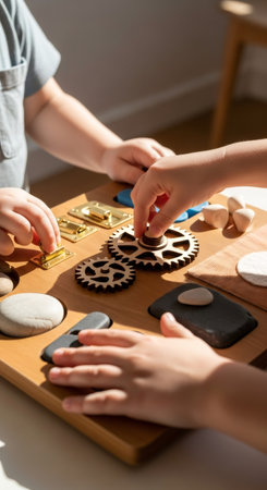 Children hands playing with busy board. Kids developing fine motor skill with montessori toy. Early childhood education and sensory play concept.の素材