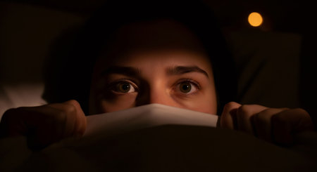 Young woman peeking from under blanket in dark room with sleepless eyes. Concept of insomnia, fear, nightmare, or anxiety.の素材