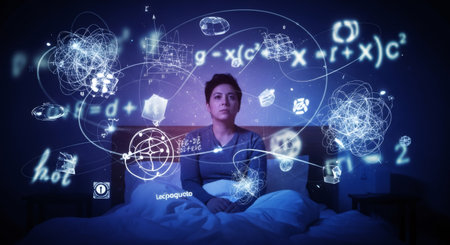 Woman with insomnia sitting in bed at night, surrounded by floating mathematical formulas and abstract thoughts representing an overthinking mind.の素材