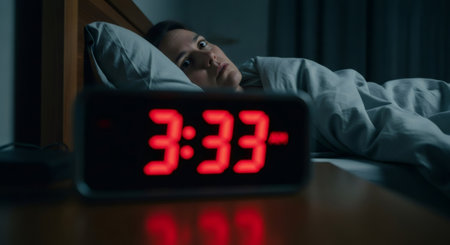 Woman looking at her alarm clock with 3:33 on display, unable to sleep due to insomnia. Sleep disorder and anxiety concept for healthcare.の素材