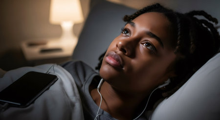 Young african american woman with dreadlocks lying in bed with smartphone and listening to music at night, experiencing insomnia.の素材