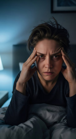 Woman with insomnia cannot sleep feeling stressed with a headache and fatigue in a dark bedroom at night. Health problem and fatigueの素材