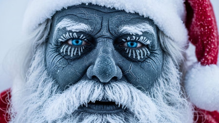 Mysterious frozen man with blue eyes and crack face makeup. Spooky Santa concept. Winter horror and supernatural character for Christmas.の素材