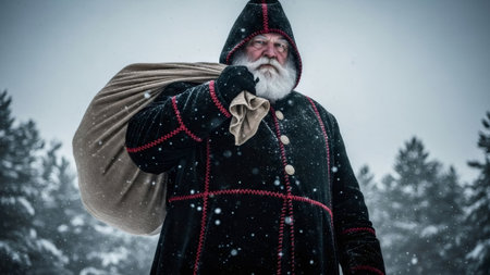 Old man with a long white beard and black cloak carrying a sack through a snowy forest. Fantasy mysterious Pere Noel character in a winter landscape, horror supernatural concept.の素材
