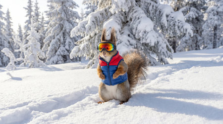 Squirrel wearing ski goggles and a puffer jacket standing in a snowy forest. Winter sports animal character for holiday card.の素材