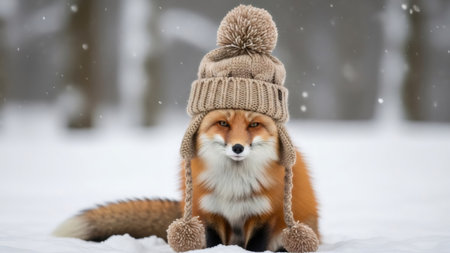 Red fox wearing a knitted pom-pom hat sitting in a snowy winter forest. Cute animal for Christmas holiday card or winter season concept.の素材