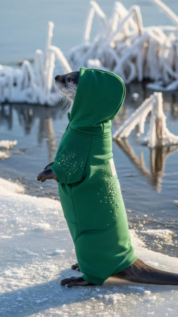 Otter in green hooded sweatshirt standing on ice with snowy landscape background. Cute animal concept for nature or wildlife themes.の素材