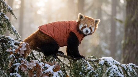Red panda wearing a quilted orange vest sitting on a snowy tree branch in a winter forest. Animal fashion and wildlife conservation concept for Winter Holiday.の素材