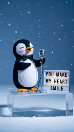 Crocheted penguin toy singing into a microphone with lightbox sign saying You make my heart smile. Cute winter holiday greeting for celebration.の素材