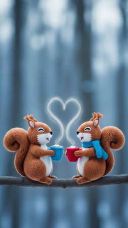 Two cute knitted squirrels on a branch holding cups of warm beverage with heart-shaped steam. Whimsical winter scene for greeting card.の素材