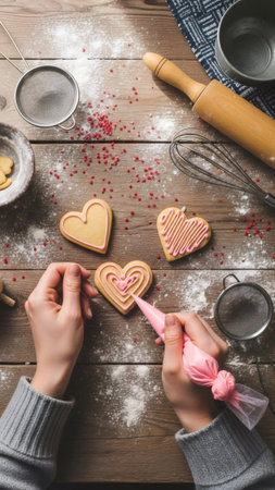 Woman decorating heart shape cookie with pink icing on wooden table for Valentine Day. Love sweet baking for holiday.の素材