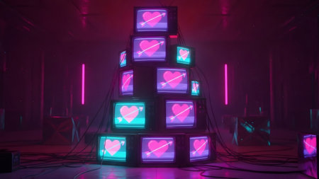 Stack of retro televisions displaying pixelated hearts with arrow. Digital love and Valentineの素材