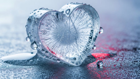 Ice heart with water drops melting. Concept of cold love, broken hearts or frozen feelings. Visual for Valentineの素材