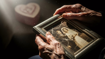 Old woman hand holding broken framed old wedding photo in nostalgic memory, concept of departed love and loss, fading relationship.の素材
