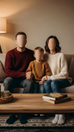 Man, woman, and child with faceless features sitting on sofa. Concept of prosopagnosia, identity crisis, or family anonymity for psychology study.の素材