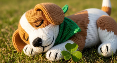 Knitted beagle puppy sleeping in green grass near a shamrock leaf. Adorable pet toy for Saint Patricks Day celebration.の素材