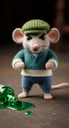 Knitted mouse character with an angry expression standing next to a spilled green bottle on a dark surface, for St. Patricks Day.の素材