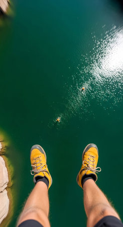 Mans legs in yellow hiking shoes dangling over high cliff with green water below and swimmer. Extreme adventure tourismの素材