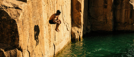 Young man jumping from cliff into water, adventure tourism, darecation and extreme sport concept for summer vacationの素材