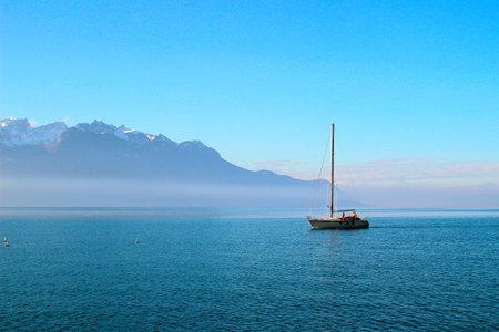 romantic walk on a yacht on Lake Geneva.Montreux.の写真素材