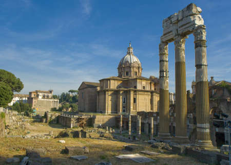 view on ancient roman forum columns and ruins, Rome, italy, europeの写真素材