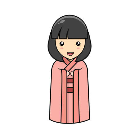 Kawai illustration Japanese cute girl wearing kimono vector graphicsのイラスト素材