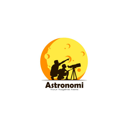 Astronomy, Father and son using telescope and moon vector graphicsのイラスト素材