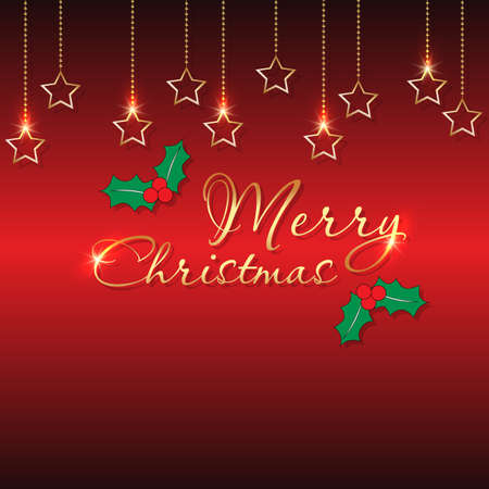 Christmas holiday background. Gold stars on chains with highlights on a beautiful red gradient. Christmas holiday banner.のイラスト素材
