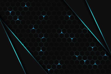 Technology dark hexagonal background. Blue bright energy flashing under the hexagon in dark tech...
