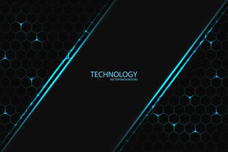 Dark technology hexagonal. Blue bright energy flashing under the hexagon in dark tech modern abstract futuristic background illustration. Geometric shape on a honeycomb grid.のイラスト素材