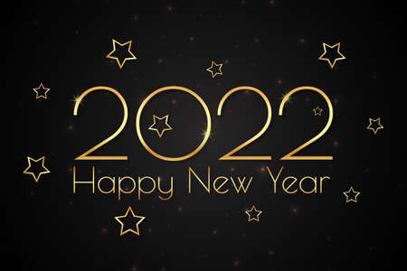 Happy New Year 2022. Festive background design with text, numbers and gold stars, serpentine and...