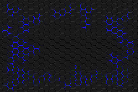 Abstract hexagonal background. Bright blue light energy flashes under the hexagon. Dark honeycomb...