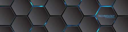 Dark hexagonal background. Bright light under honeycomb elements. Abstract hi-tech background with...