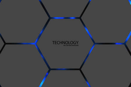 Hexagonal abstract background. Blue bright light flashes under the hexagon. Blue highlights under the gray honeycomb texture.のイラスト素材
