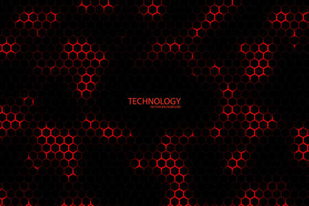 Technology hexagonal vector background. Red bright energy blinks under the hexagon in dark modern futuristic illustration. Black mesh honeycomb texture.のイラスト素材