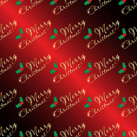 Seamless pattern Merry Christmas and a sprig of holly. Festive design template for wrapping paper.のイラスト素材