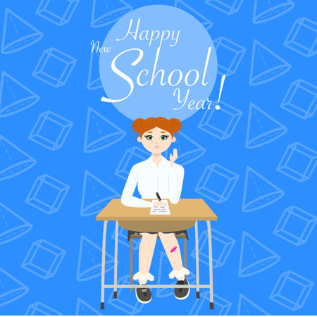 Postcard Cute girl with red hair sitting at a school desk on blue background with geometric figures. Back to school edition. Flat vectorのイラスト素材