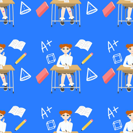 Seamless pattern Cute girl with red hair sitting at a school desk near book pencil. Back to school edition. Flat vector. Background blueのイラスト素材