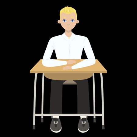 Cute boy with blonde hair sitting at a school desk in school class on black background. Back to school edition. Flat vectorのイラスト素材